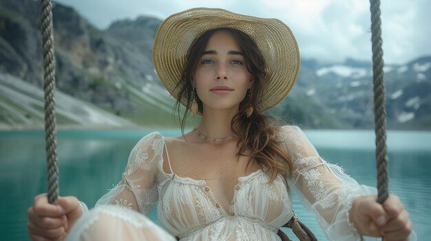 Foto uma morena sentada em um baloiço perto de um lago calmo e uma pequena cidade em riano, em león, espanha, de frente para um cinza