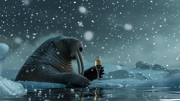 Uma morsa senta-se numa placa de gelo no Oceano Ártico a morsa está a segurar um copo de champanhe na barbatana está a nevar muito