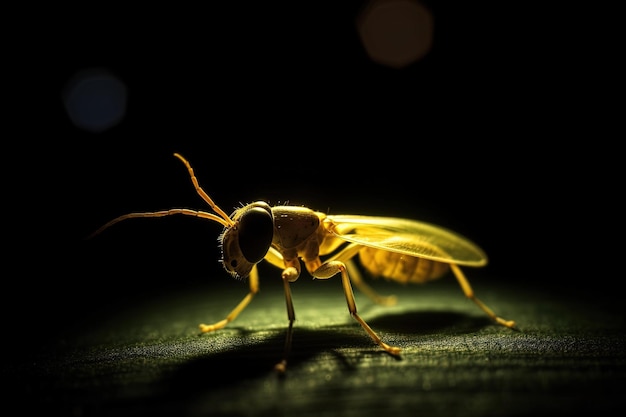 Uma mosca amarela senta-se em uma folha no escuro.