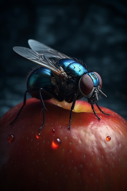 Uma mosca azul pousa em uma maçã vermelha com uma gota de água sobre ela.
