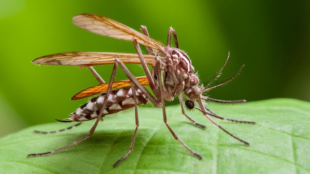 uma mosca com asas laranjas grandes senta-se em uma folha verde