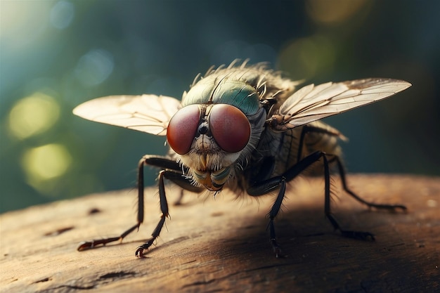 Uma mosca com um corpo azul e asas