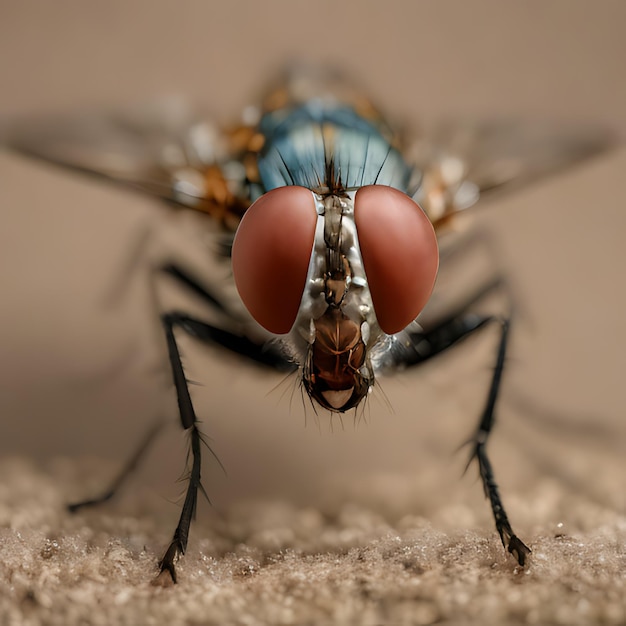 uma mosca com um corpo azul e um nariz vermelho