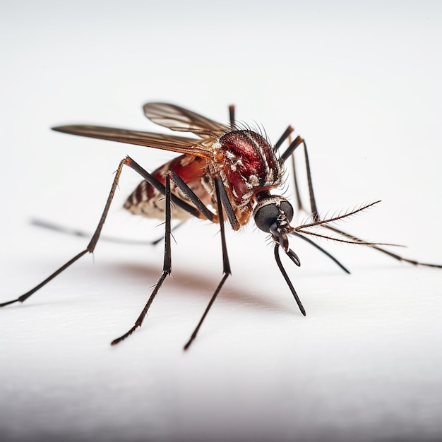 Foto uma mosca com um corpo vermelho e um nariz preto senta-se em uma superfície branca