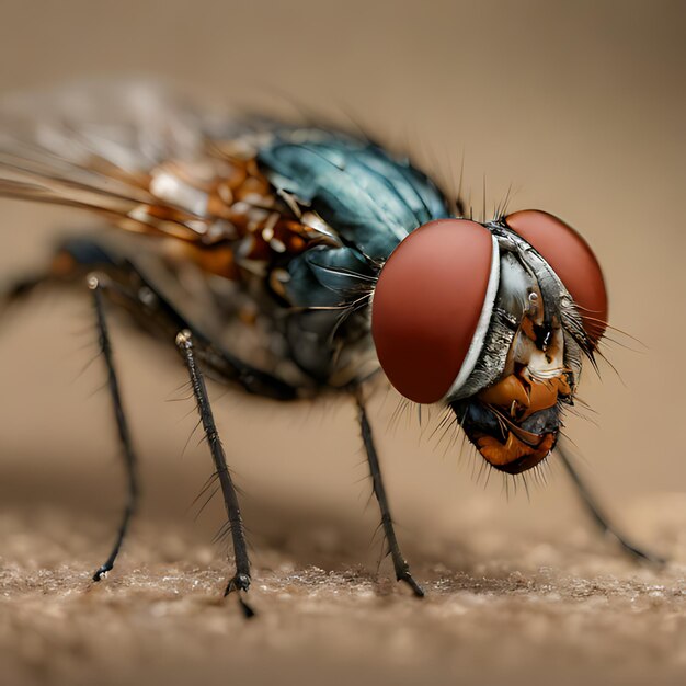 uma mosca com um olho castanho e um ponto vermelho no rosto