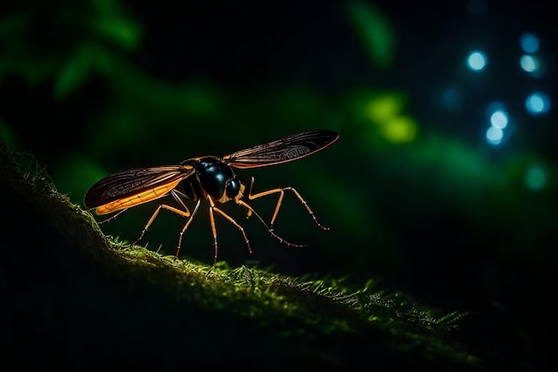 Foto uma mosca com um rosto preto e asas laranjas está em um fundo verde