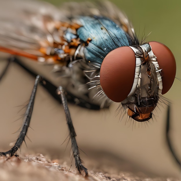 uma mosca com uma asa azul e um olho castanho