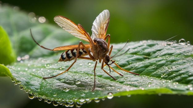 Foto uma mosca com uma mosca nas asas está em uma folha verde