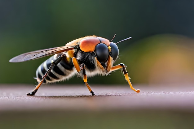 Uma mosca listrada de preto e amarelo está andando em cima do muro.