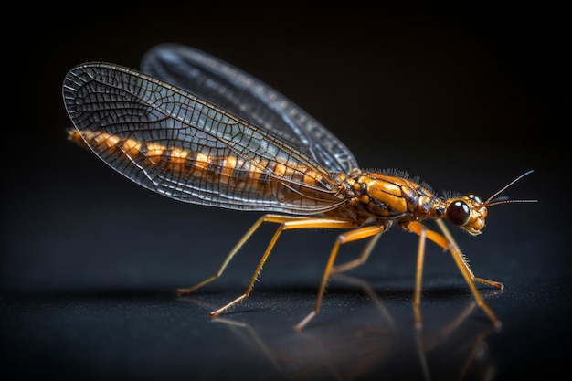 Uma mosca morta com corpo amarelo e olhos laranja.