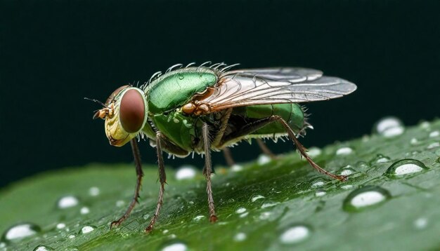 uma mosca verde com um bico amarelo senta-se numa folha molhada