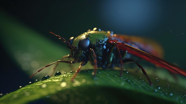 Uma mosca verde e vermelha senta-se em uma folha com as gotas de chuva.