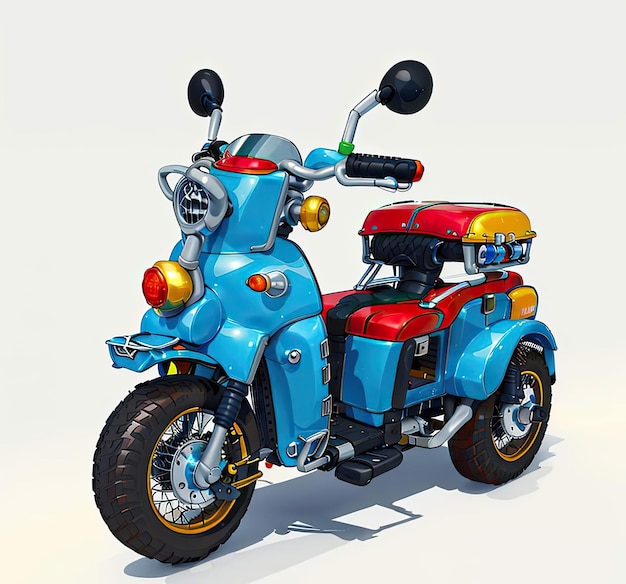 Uma moto azul com banco vermelho e o número 2 atrás.