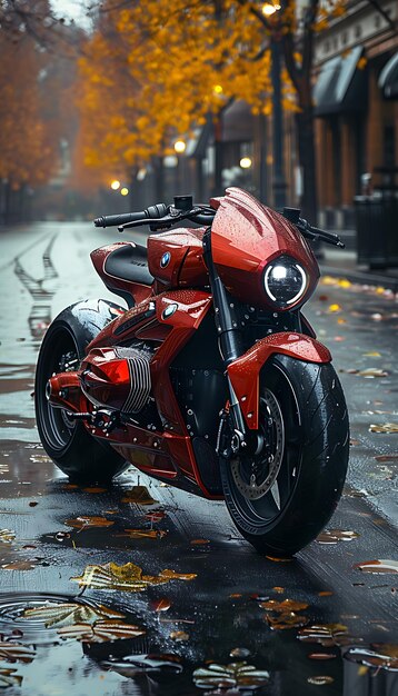 Foto uma moto vermelha está estacionada em uma rua molhada