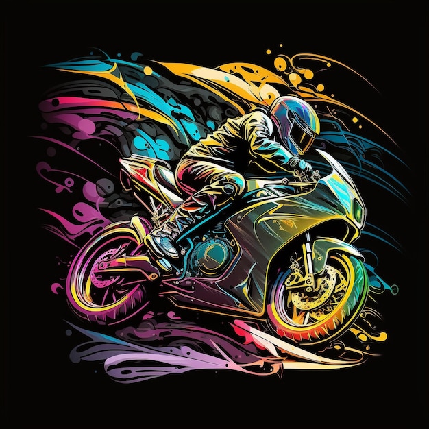 Uma motocicleta colorida com um piloto na frente.