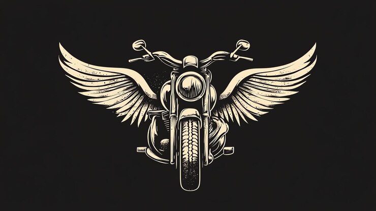 Foto uma motocicleta com asas desenhadas em um estilo vintage em um fundo preto