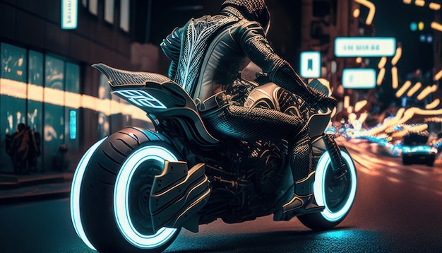 Uma motocicleta com luzes de neon e um piloto nela