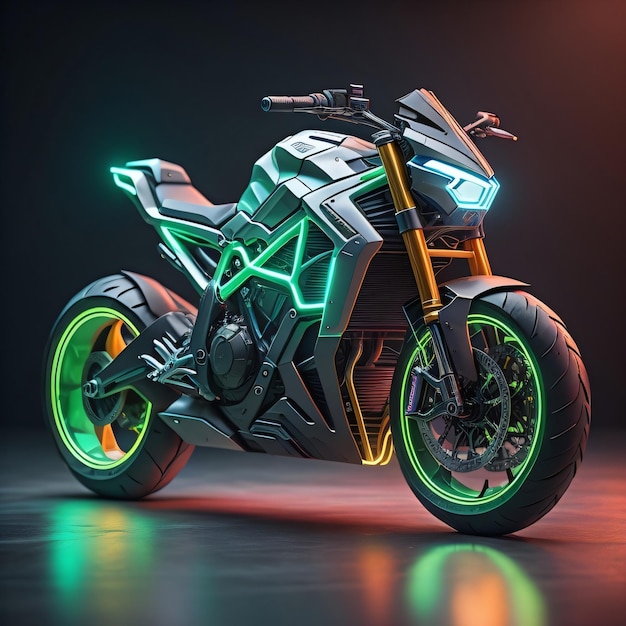 Uma motocicleta com luzes verde neon e um fundo preto.