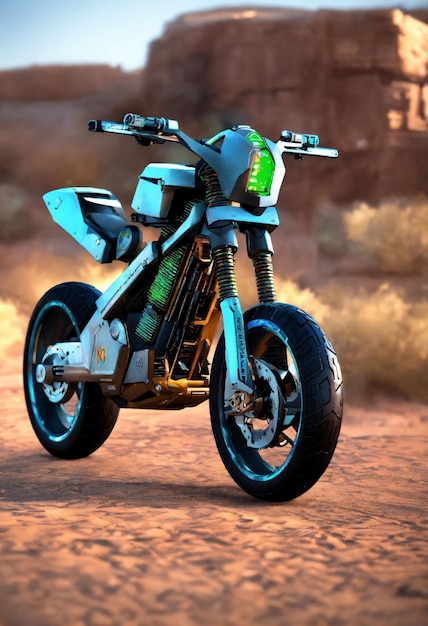 uma motocicleta com um corpo verde e azul está estacionada em uma estrada de terra