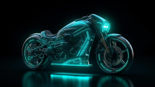 Uma motocicleta com uma luz verde brilhante.