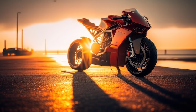 Uma motocicleta ducati vermelha está estacionada em frente ao pôr do sol.