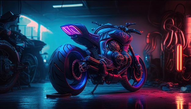 Uma motocicleta em uma garagem escura com luzes neon e a palavra'l'na frente