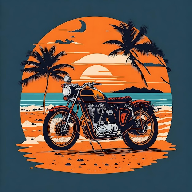 Uma motocicleta está estacionada na praia com palmeiras ao fundo.