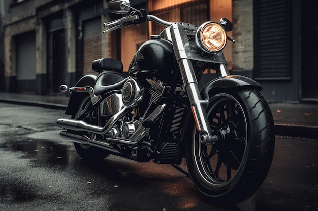 Uma motocicleta harley davidson preta estacionada em uma rua na chuva.