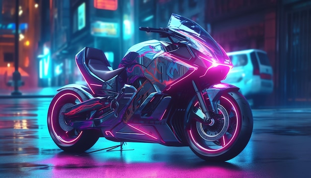 Uma motocicleta neon com luzes rosa na lateral