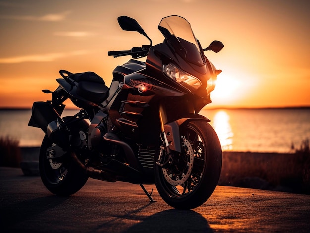 Uma motocicleta preta do triunfo está estacionada na praia em frente a um pôr do sol.