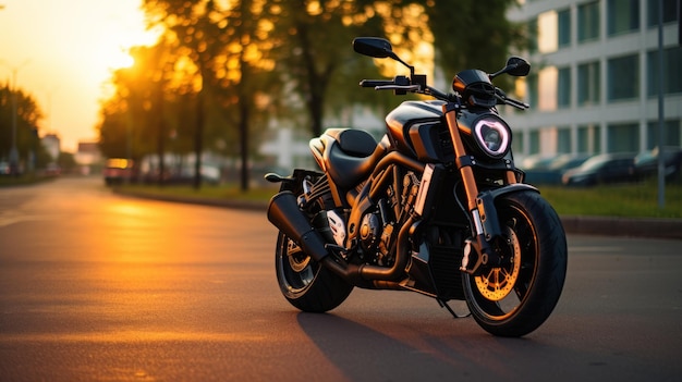 Uma motocicleta preta ousada e enérgica ao pôr-do-sol