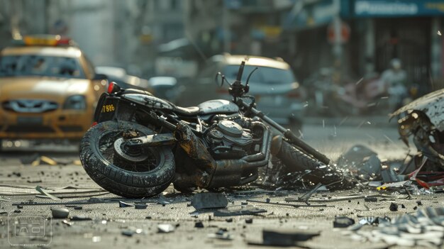 Foto uma motocicleta que foi atropelada por um carro