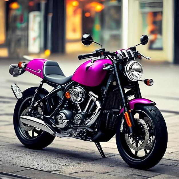Uma motocicleta rosa com a palavra harley na frente.