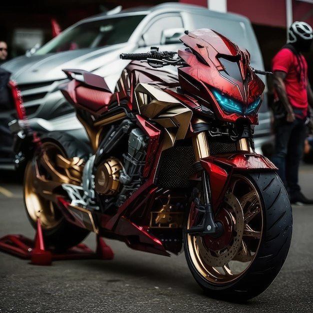 Uma motocicleta vermelha com a palavra