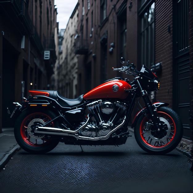 Uma motocicleta vermelha está estacionada na rua em frente a um edifícioGenerative Ai