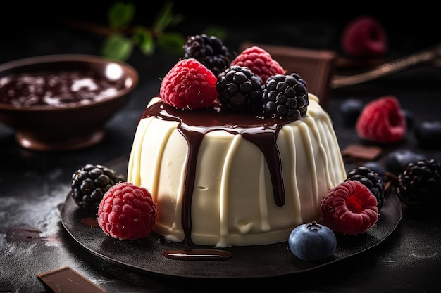 Uma mousse de chocolate branco com framboesas por cima