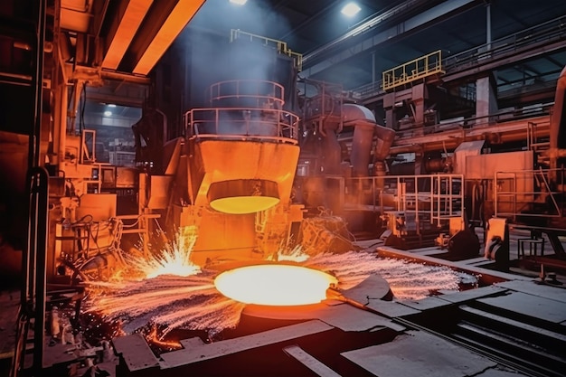 Uma movimentada fábrica metalúrgica cheia de máquinas maciças que produzem produtos de aço com precisão e potência