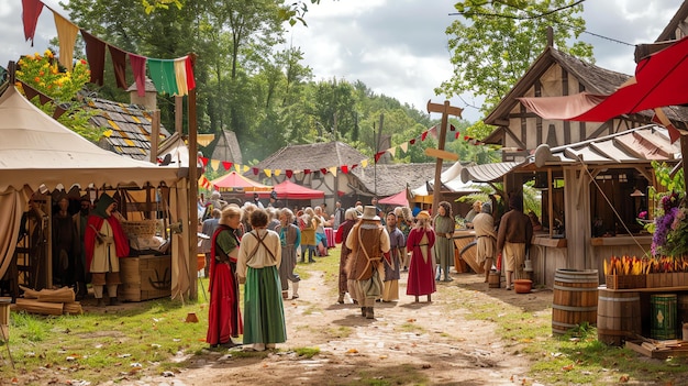 Uma movimentada feira de mercado medieval com pessoas vestidas com roupas de época e barracas de madeira vendendo várias mercadorias