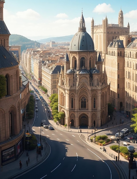 Uma movimentada paisagem urbana de estradas sinuosas e arquitetura majestosa