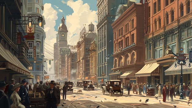 Uma movimentada rua da cidade no início do século XX As pessoas estão caminhando falando e fazendo compras Há carros e carruagens puxadas por cavalos na rua