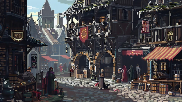 Uma movimentada rua de mercado medieval com lojas, barracas e pessoas vestidas de época