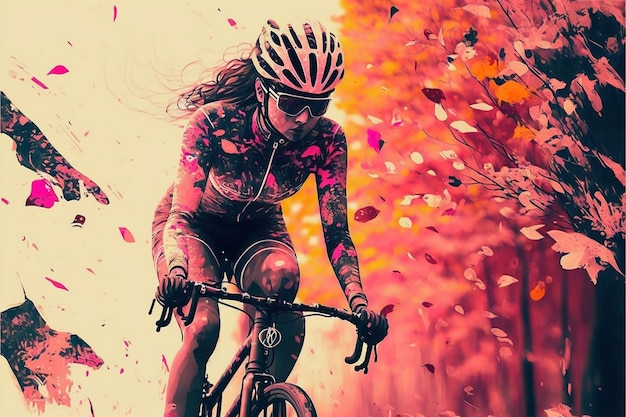 uma mulher a andar de bicicleta com um fundo colorido com flores e folhas.