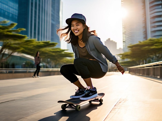 Foto uma mulher a andar de skate com um chapéu