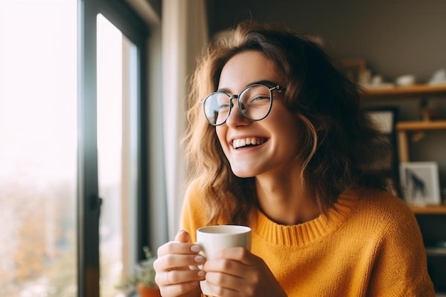 Foto uma mulher a beber café e a sorrir com óculos no rosto