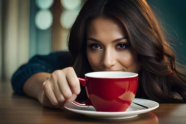 Uma mulher a beber de um copo vermelho que diz " ela está a beber "