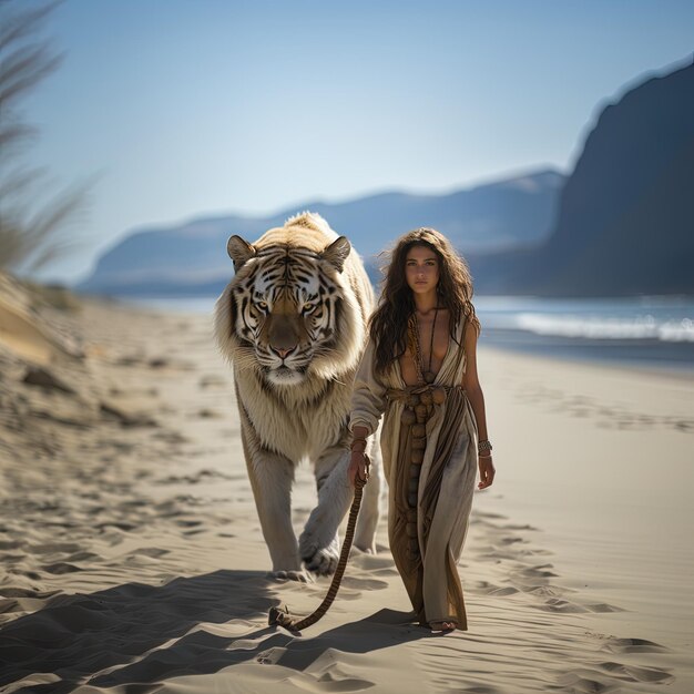 Foto uma mulher a caminhar com um tigre na praia