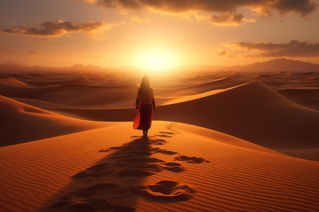 Foto uma mulher a caminhar no deserto ao pôr-do-sol