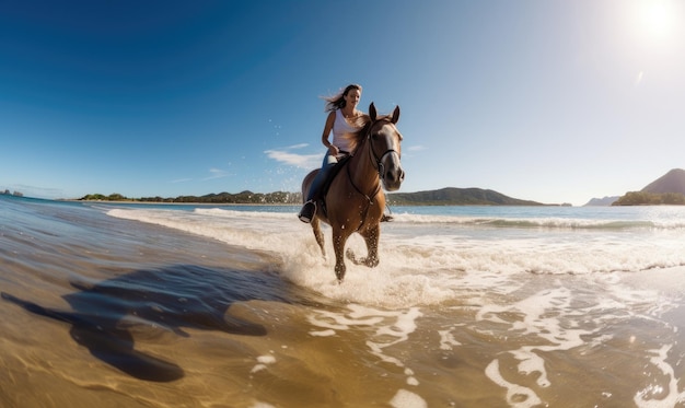 Uma mulher a cavalo na praia.