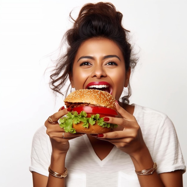 Foto uma mulher a comer comida.