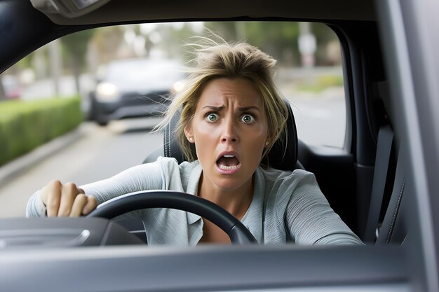 Uma mulher a conduzir um carro com um olhar surpreso no rosto.